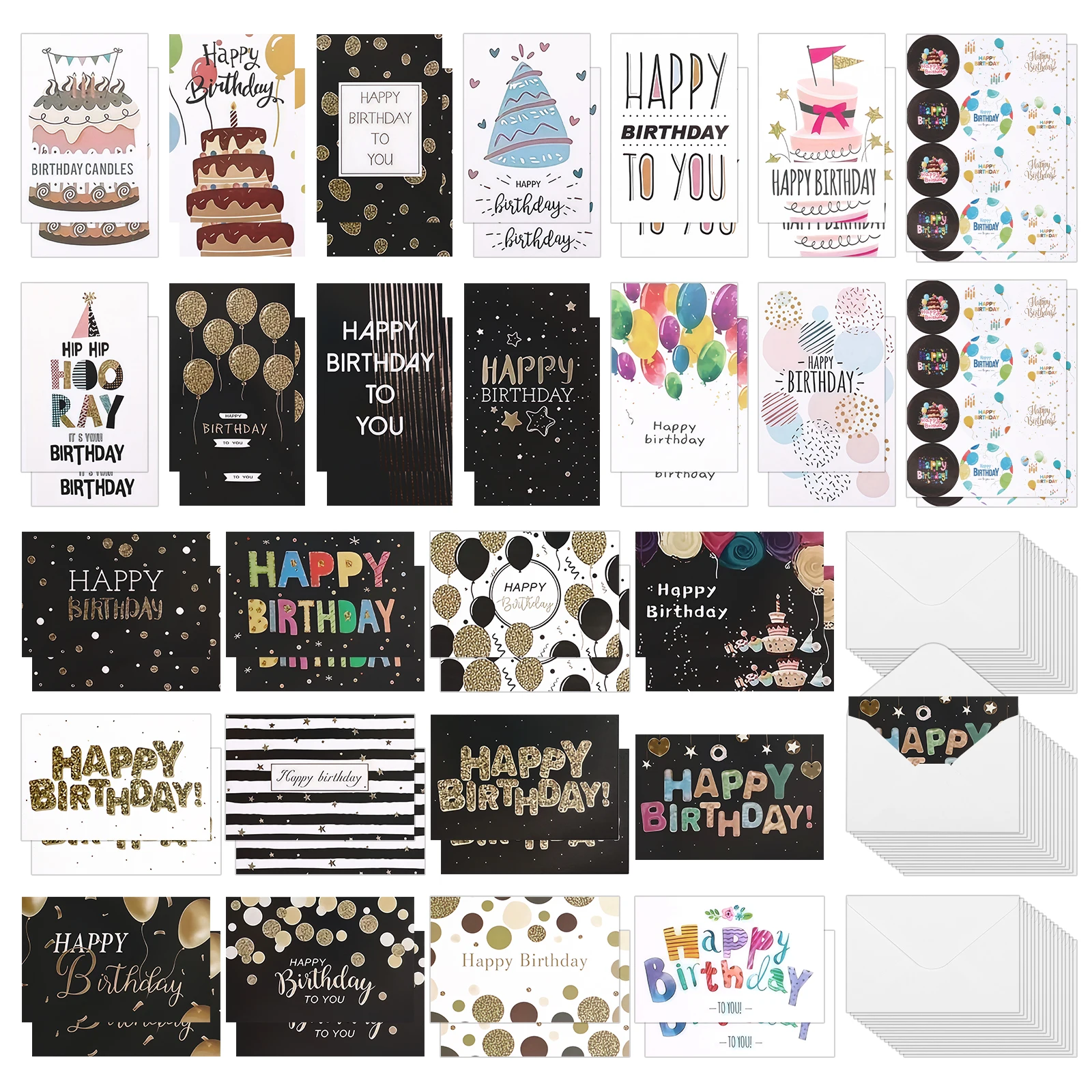 48Pcs Birthday Greeting Cards Large Gold Foil Greeting Cards Seal Stickers Set 4 Assorted Designs Blank Inside Message Cards