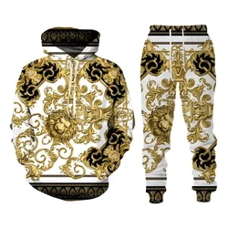 Men's Hoodie Set New Style Sweatsuit 3D Printed Crown Golden Chain Hoodie Sweatsuit Casual Men Pullover Oversize Tracksuit Set