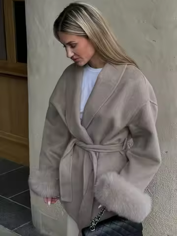 Elegant Lace Up Woolen Coat Women Furry Lapel Fur Patchwork Belt Loose Short Jacket Female Lady 2025 Autumn Winter New Cardigans