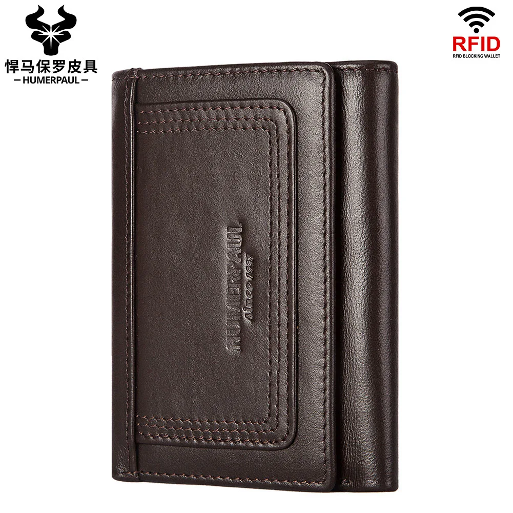 RFID multi-slot men's coin purse, multi-slot thin and light buckle genuine leather three-fold business youth wallet