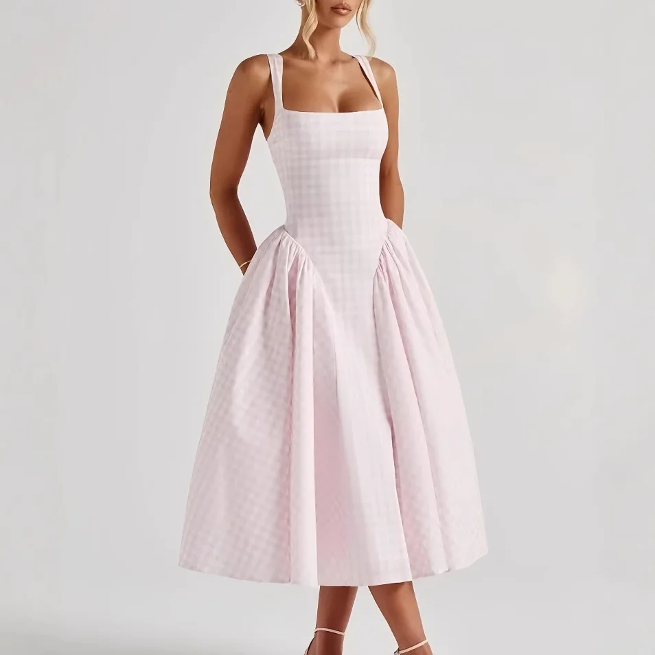 

French-style Square-neck Camisole Dress With Stylish Design Cross-tie Back Slim-fit Waist Pleated Large Hem And Mid-length MI8Q