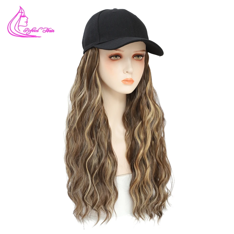 Synthetic Wavy Wig Baseball Cap With Natural Wave Hair Extensions Black White Hat Wigs for Women Girls Black Brown Blonde color