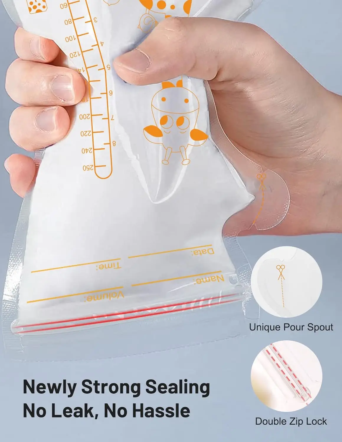 250ml  100pcs Breastmilk Storage Bag Self Standing Baby Food Storage Containers No Leak Milk Freezer Bags Safe Feed BPA Free