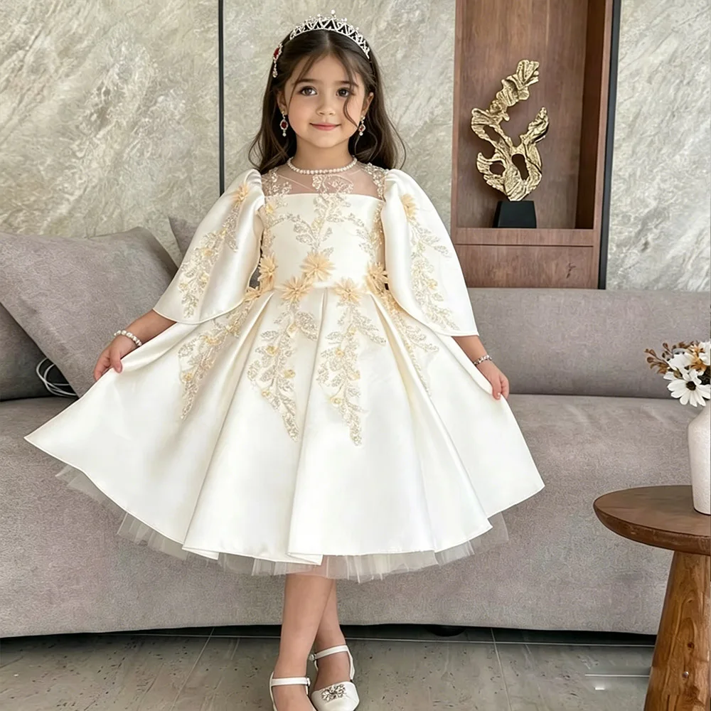 

Exquisite Flower Girl Dresses Luxury Satin Dress For Girls Beads Lace Birthday Dress A-line Girl Princess Dress Cute Kids' Dress