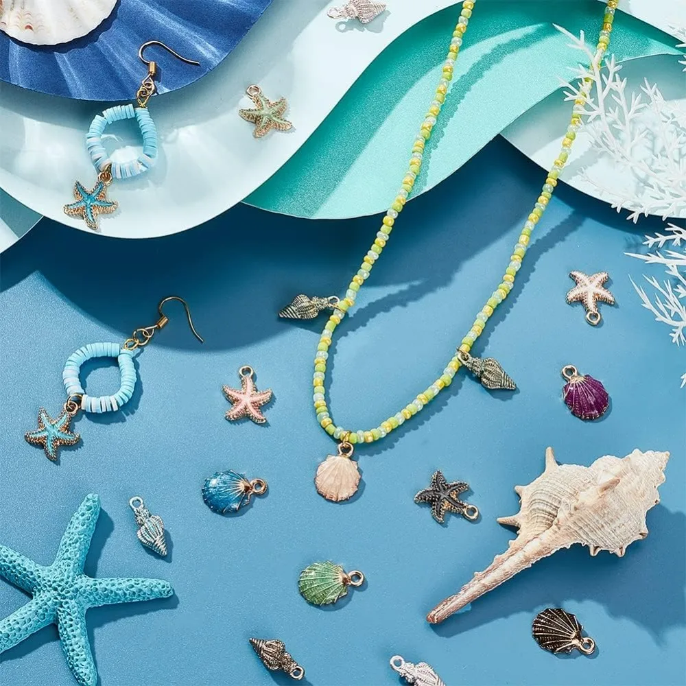 60pcs 15 Styles Starfish Charms Enamel Shell Pendants Metal Spiral Shell Charms Ocean Seashell Dangle Charms Beads for Beach