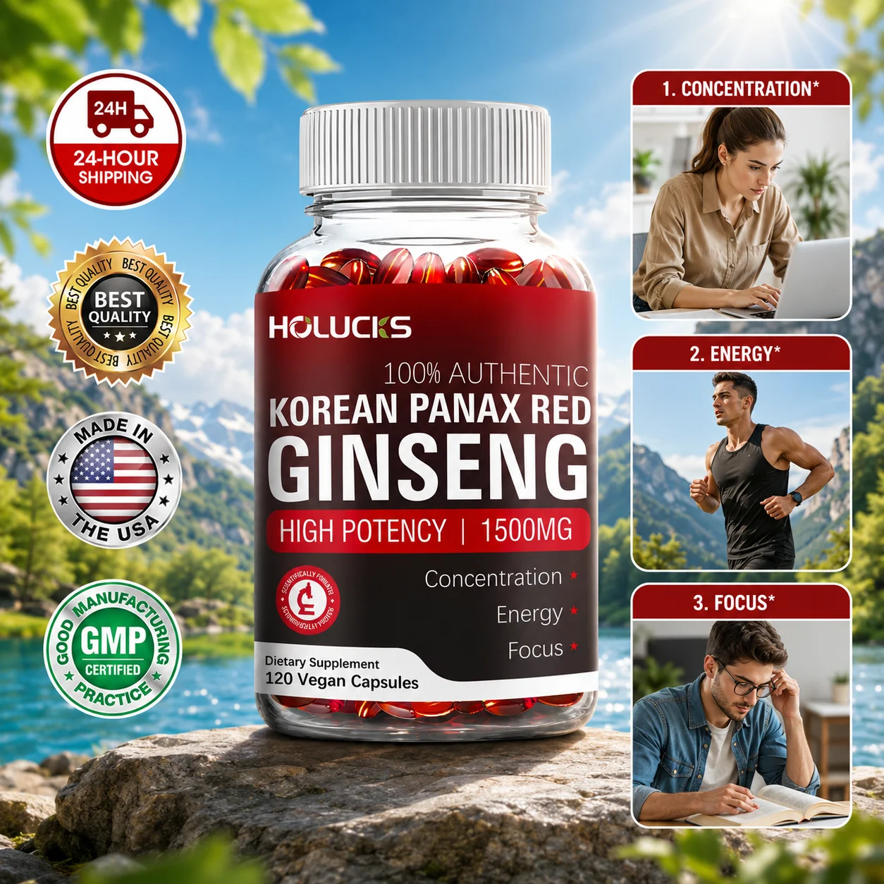 High Strength Korean Panax Red Ginseng 1500mg Supplement 1500mg, Supports Healthy Energy Levels, Mental Clarity & Body Vitality