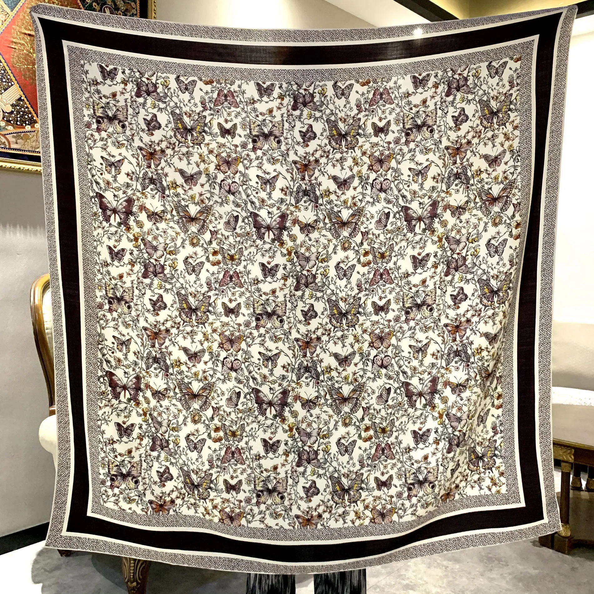 

High-end Elegant Women's Exquisite Butterfly Double-sided Print Quality Silk and Wool Hand-rolled Large Square Scarf Shawl