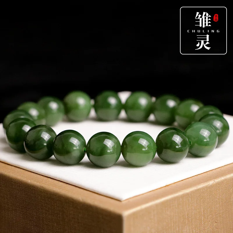 Natural Russian Hetian bracelet high-quality no black spots spinach green jade suitable for mothers