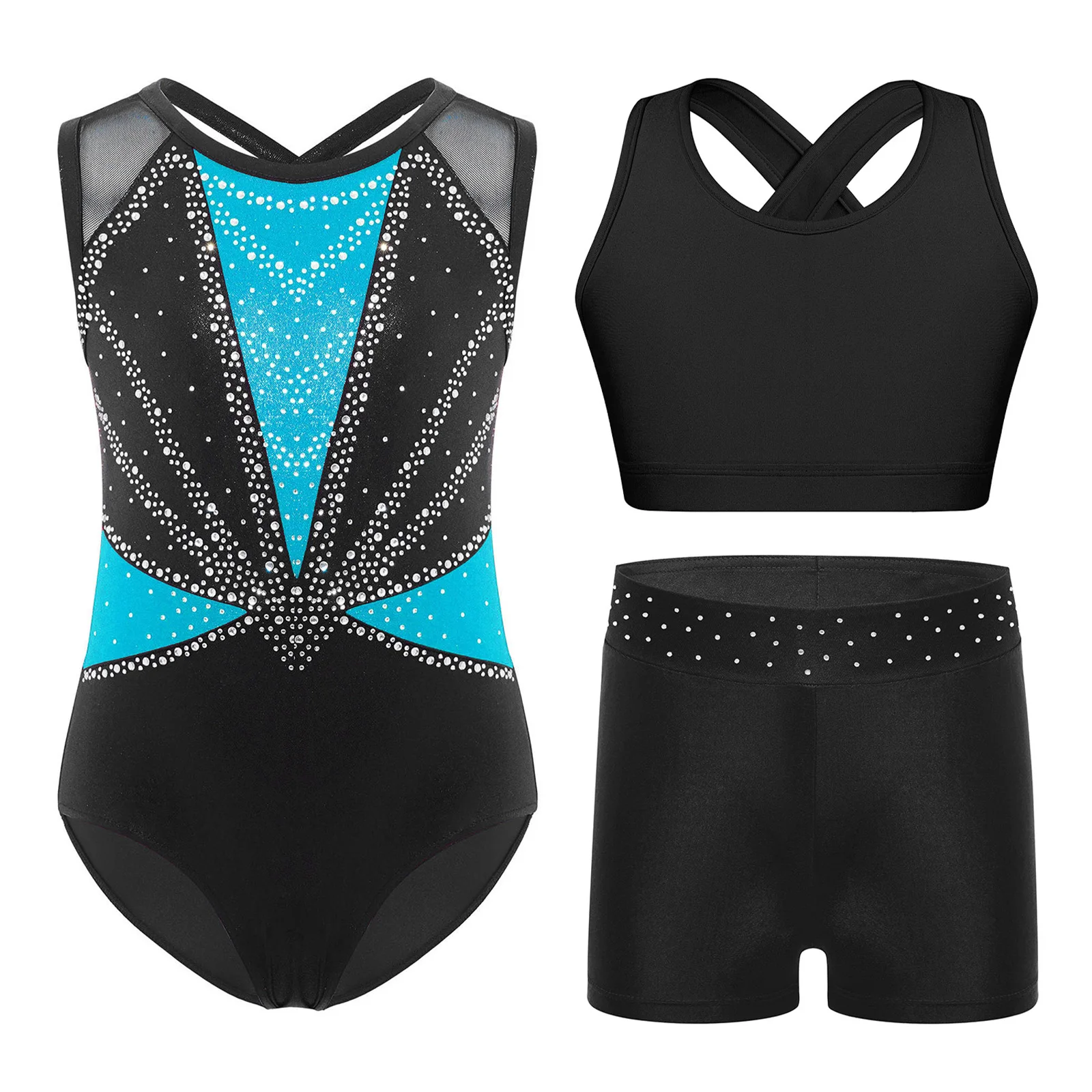 

3Pcs Kids Girls Ice Skating Gymnastics Leotard Sleeveless Crisscross Back Shiny Rhinestones Color Block Bodysuit+Vest Top+Shorts