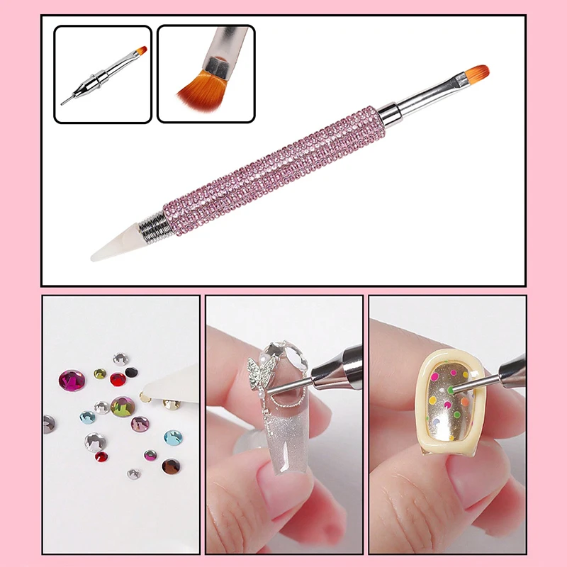 Pennello per unghie con penna per trapano a punta in cristallo a doppia testa 2 IN 1 Penna colorata con filo metallico Strass Gemma Dotter Trapano fai da te Strumenti per nail art