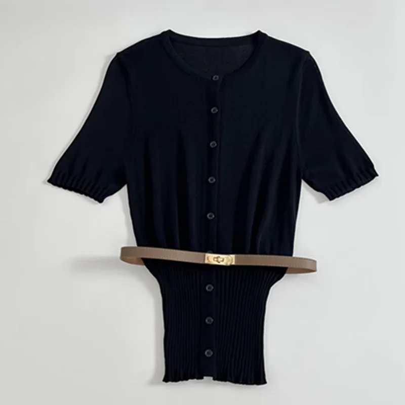 

Dave&Di French Elegance Navy Blue Knitted Shirt Short-sleeved T-shirt With Belt Women Woman Clothing Sweaters Tops
