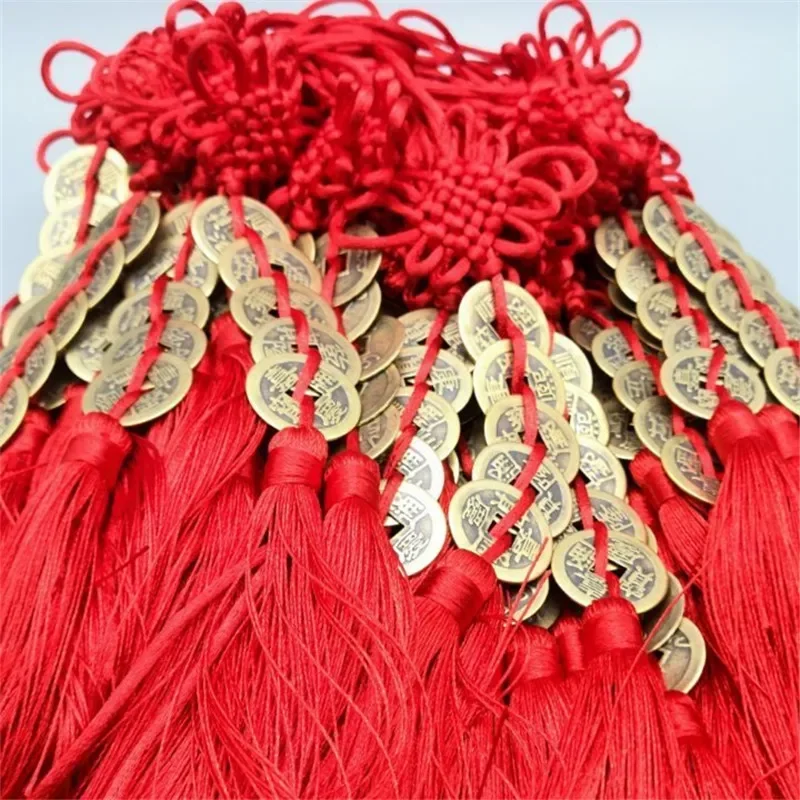 Five Emperors Money Red Chinese Knot Gourd Pendant Zhaocai Town House Copper Coin Car Tassel Pendant Feng Shui Talisman Amulet