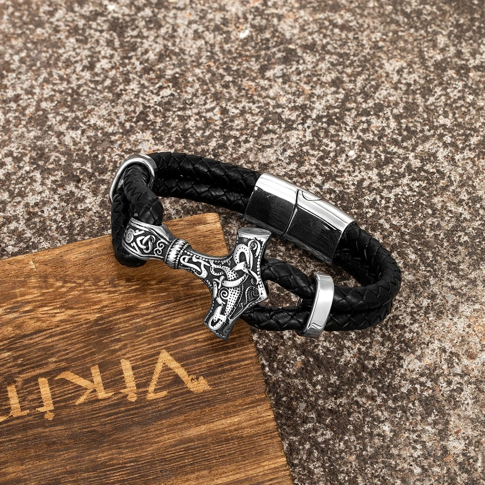 MKENDN Punk Men Vikings Style Genuine Leather Bracelet Braided Multilayer Stainless Steel Norse Thor\'s Hammer Mjolnir Bangles