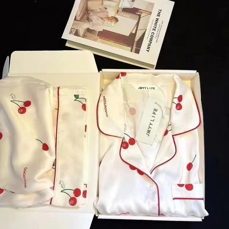 

2023 Spring Autumn New Ice Silk 2 Pieces Pajamas for Women Fashion Cardigan Women's Pajamas Sweet Printing Loungewear Women Set