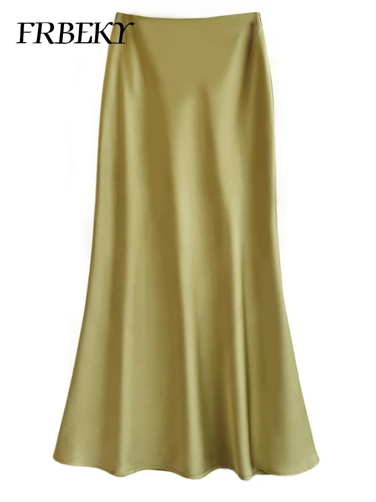 Falda larga de medio cuerpo de satén para mujer, cintura alta, sección delgada, paquete de Color puro, cola de pez a la cadera, nueva