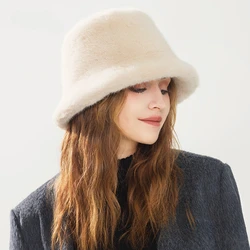 USPOP Solid Color Imitation Mink Plush Bucket Hat Flat Cap Korean Style Simple Fashion Winter Warm Hat