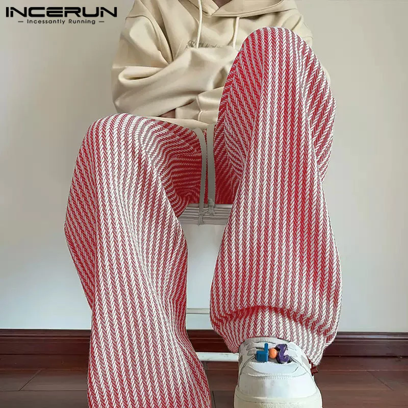 INCERUN 2025 Korean Style Trousers Fashion New Men Striped Texture Design Straight Leg Trousers Casual Streetwear Hot Sale Pants