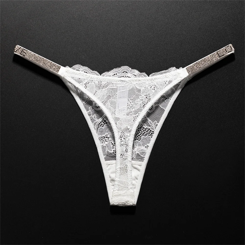 Sexy Crystal-Embellished Perspective Lace Thong Breathable T-back Underwear for Europe Women Transpa