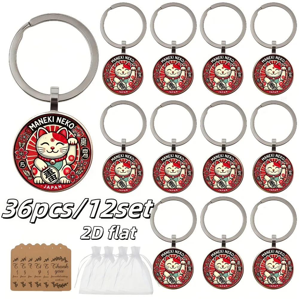 36 pièces/12 ensembles de porte-clés japonais Maneki Neko à imprimé floral, ensemble de breloques chat porte-bonheur avec sac cadeau pour la décoration intérieure et les fans de la culture japonaise