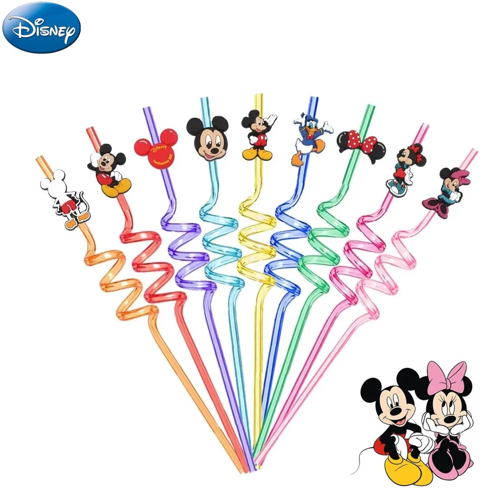 Kawaii 8pcs Disney Mickey Mouse Action figure straws cartoon Minnie Anime figure Baby Shower birthday party supplies kids toys