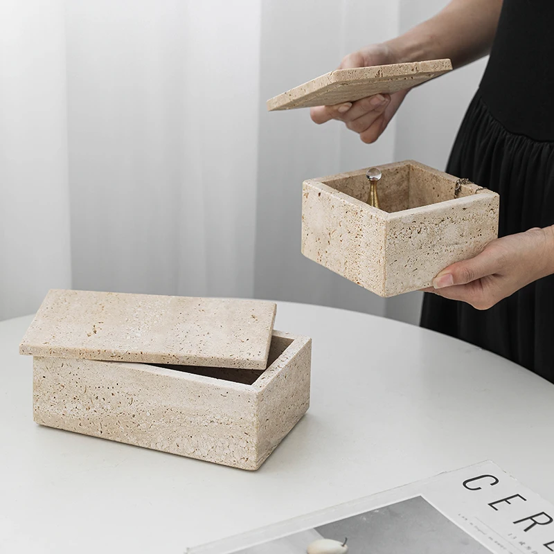 

Modern natural travertine storage box cover design ornament sample room home hotel desktop dressing table storage decoration