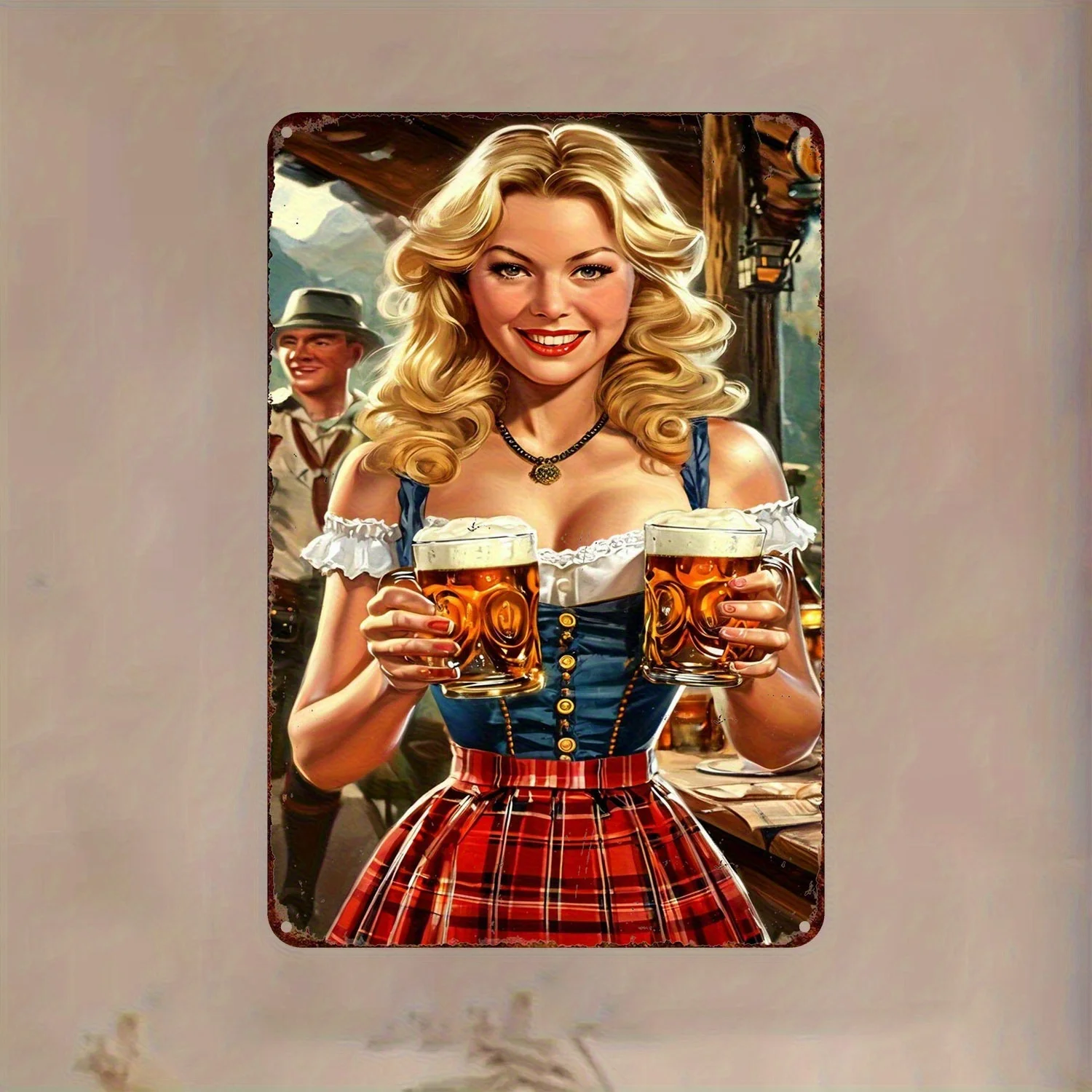 Vintage sowjetisches Bier-Metallblechschild – blonde Frau und Bierkrüge, Wandkunst, rustikale Metall-Wanddekoration für Zuhause, Bar, Garage, Café,
