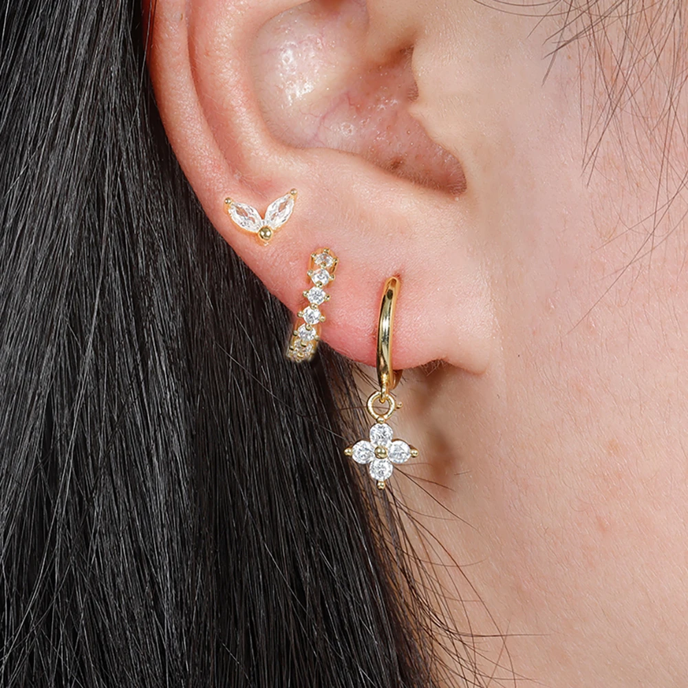 3PCS/Set Stainless Steel Four Zircon Flower Earring for Women Small Square Round Cartilage Piercing Earring Fashion Jewelry Gift