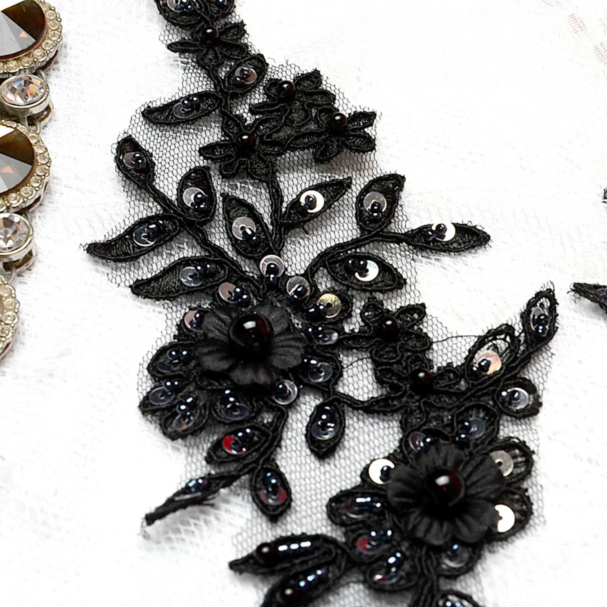 Beaded black Flower Lace Appliques,Pearl Embroidered Flowers,Patches For Wedding Supplies,Bridal Hair Flower,Headpiece,lace