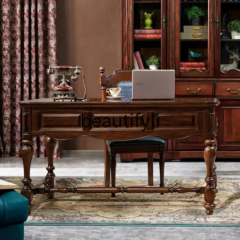 FG28All مكتب من الخشب الصلب دراسة بسيطة من خشب الجوز مكتب كتابة الكمبيوتر على الطراز الأوروبي مكتب فيلا ريترو #3