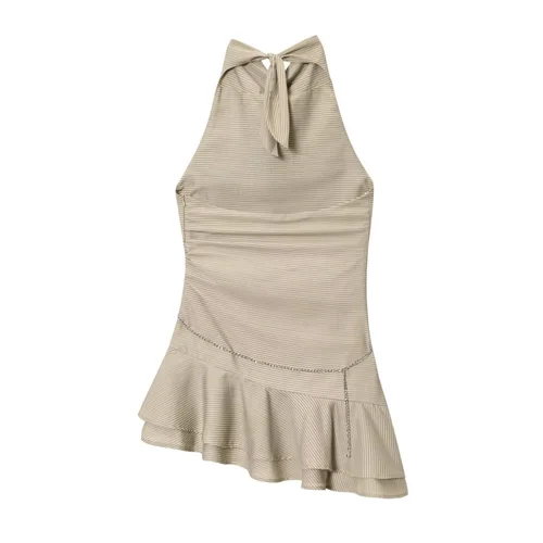 Imagen 2 del producto Vestido corto con cintura a rayas y cuello halter para mujer, sin mangas, sin espalda, con cremallera lateral, novedad de verano, vestido de moda