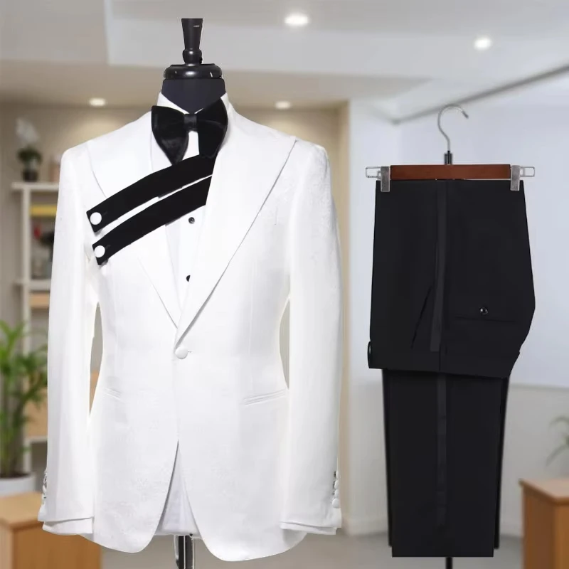White Black Splicing Men's Suits Patchwork Peak Lapel Wedding Groom Tuxedo jacket+pants