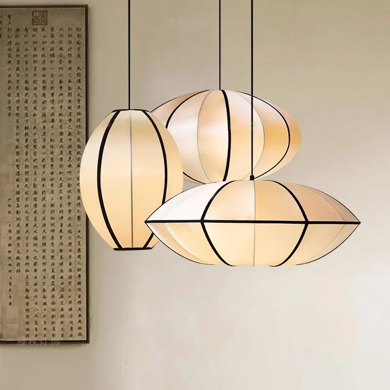 

Nordic Medieval Chandelier Living Room Home Decoration Japanese Style Bedroom Wabi-sibi Style Lantern Silk Zen Pendant Light LED
