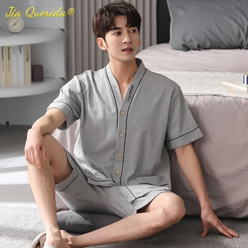 

SUKAE Men Nightwear Home Clothing Summer Shorts Two Pieces Cotton Big Size 3xl 4xl Pajama V Neck Japanese Kimono Pjs Sleepwear