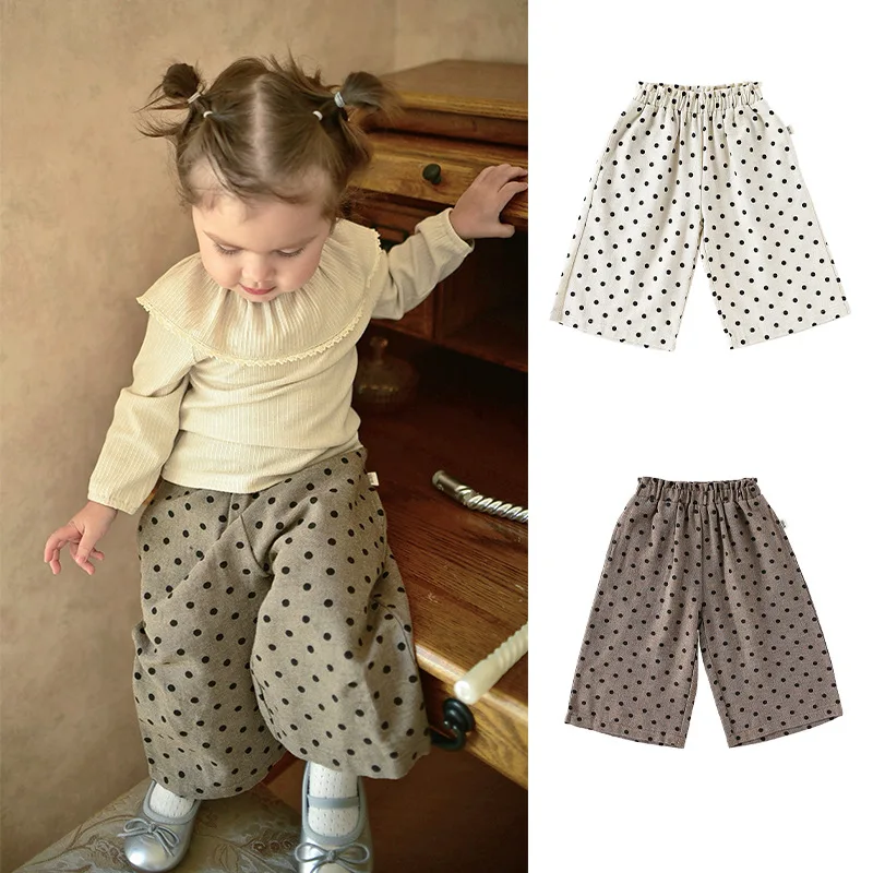 

Nordic Style Girls Autumn Polka Dot Long Pants 2025 New Fashion Baby Cotton Loose Wide Leg Trousers