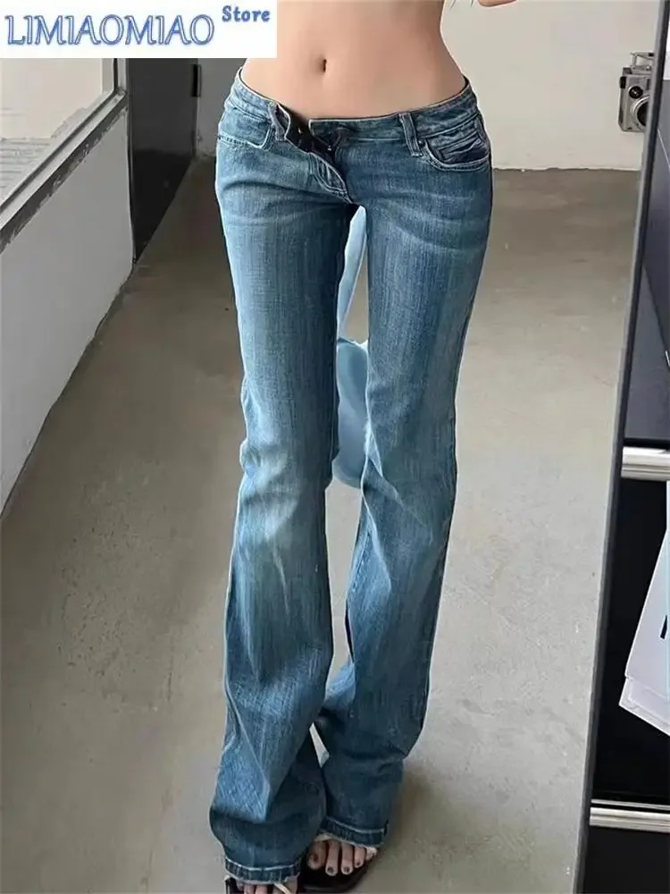 

Women's Retro Washed Low Waisted Micro Flared Jeans Summer New Chic Casual Slim Pants Female Sexy Denim Bell-bottoms Trousers
