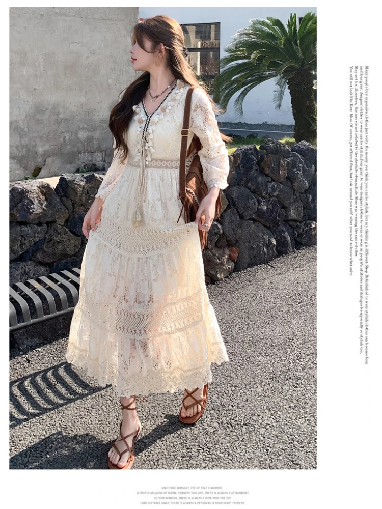 French Court Style Dress Women Vintage Mesh Hook Flower V-neck Tassel Design Long Dress Summer Clothing for Women