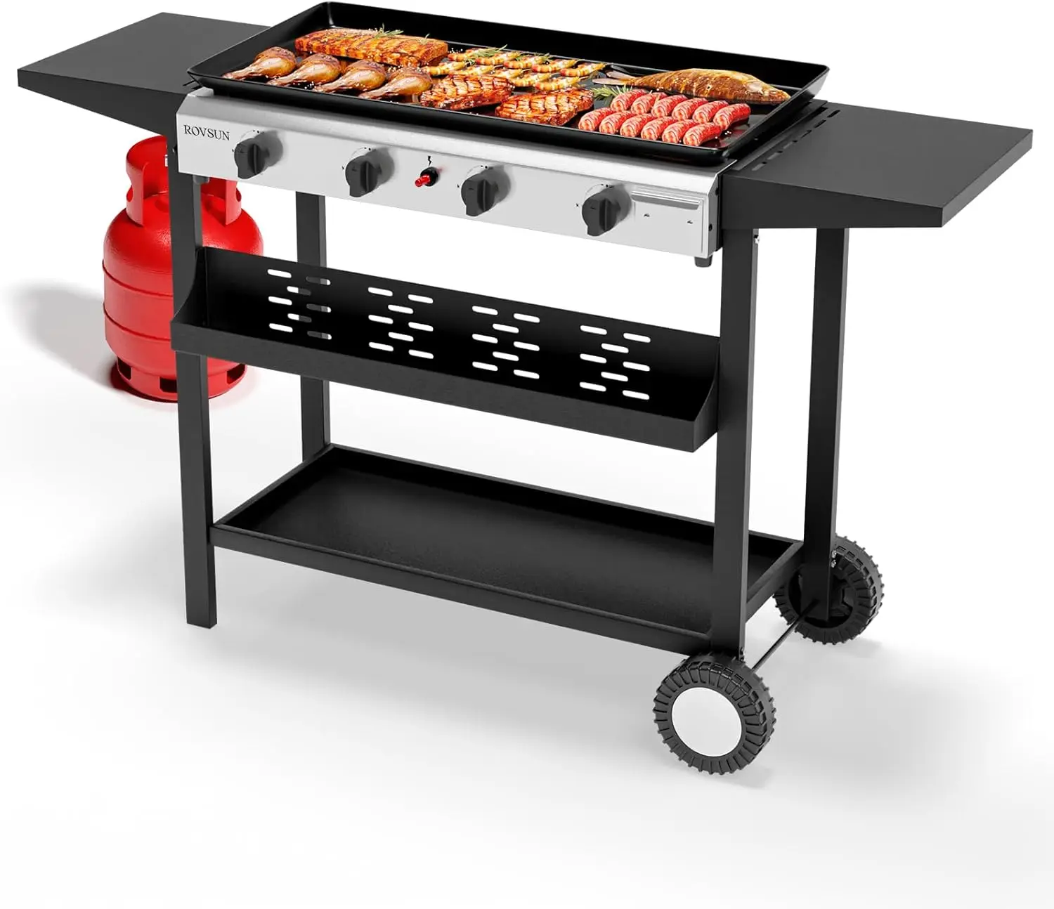 4 Burner Portable Propane Griddle with Nonstick Enameled Tray, 40000 BTU Rolling Flat Top Gas Grill with Electronic Ignition,