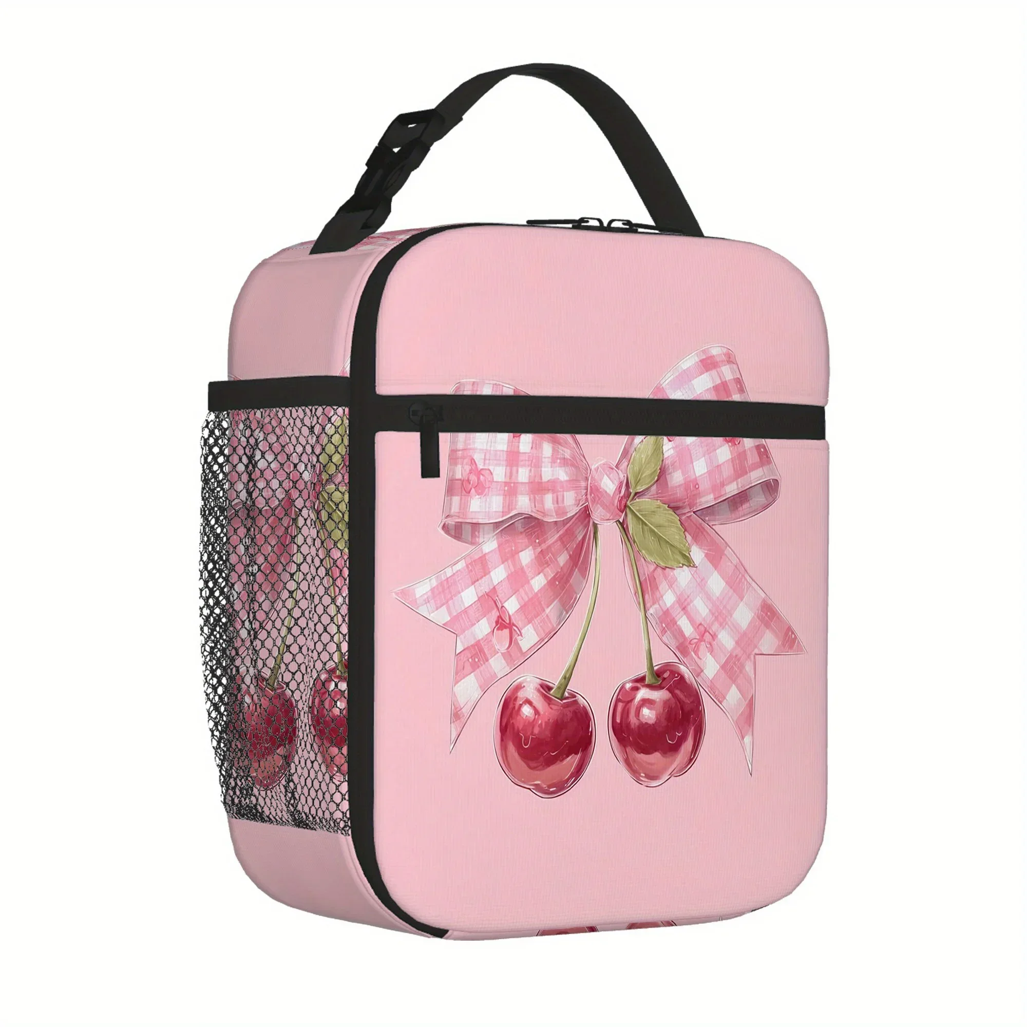 1pc, Cherries with Pink Bow on Pastel Background Printed Thermal Bag, Insulation Bag, Insulated Bag, Not for Food Contact, Suita