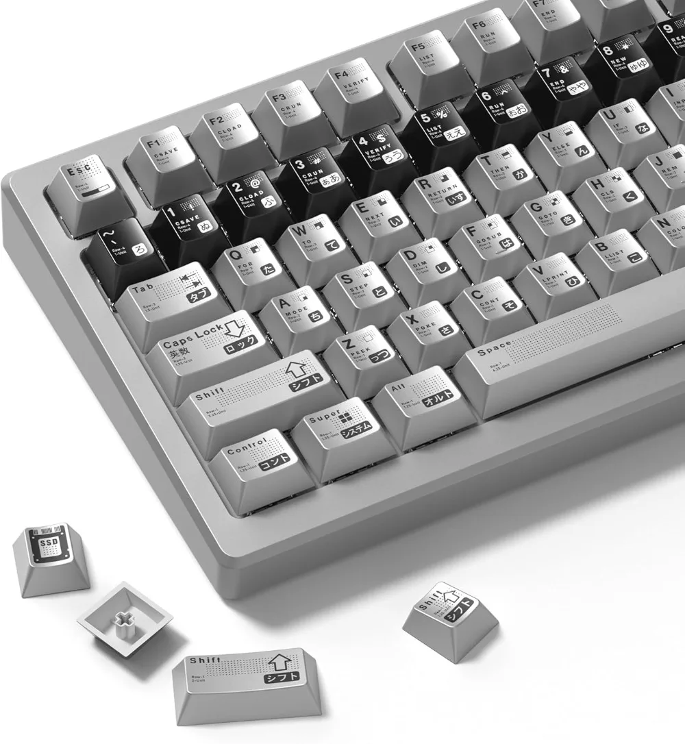 

Комплект PBT-кейкапов с металлической окраской в японском стиле, 112 клавиш, черно-серебристые, сублимационная печать, профиль Cherry, для 61-клавишных клавиатур