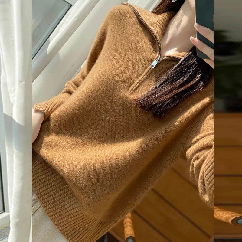 Autumn Winter Commute Vintage Loose Sweaters Fashion Solid Jumper Women Zipper Turn-down Collar Wool Knitted Pullovers