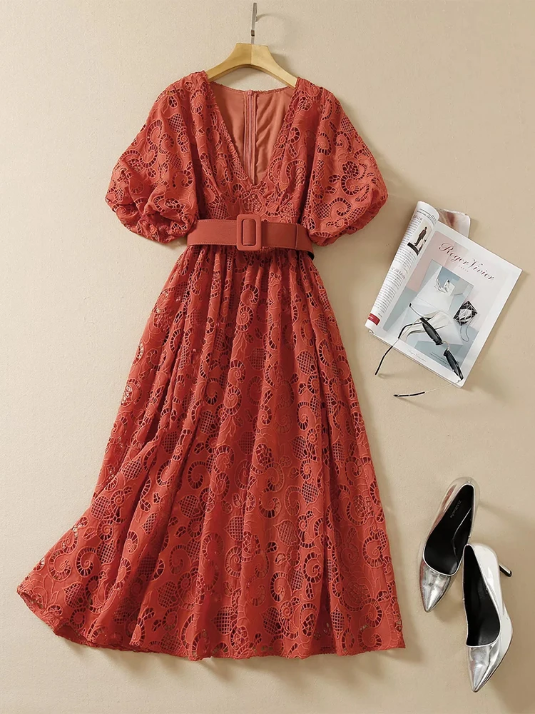 Delocah High Quality Summer Women Fashion Runway Party Midi Dress With Belt Lantern Sleeve Hollow Out Red Print A-Line Dresses