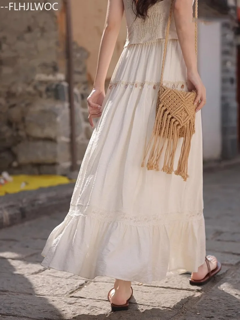 Hollow Out Lace Skirt 2025 Y2K Design Date Girl Women Cute Japan Chic Korea FLHJLWOC High Waist  Long Retro Vintage Tassel Skirt