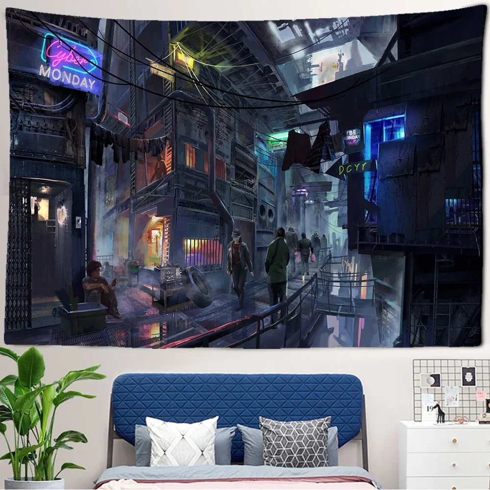 Japan City Night Scene Tapestry Cyberpunks Future Steam   Wall Hanging Psychedelic Galaxy Hippie Art Home Decoration