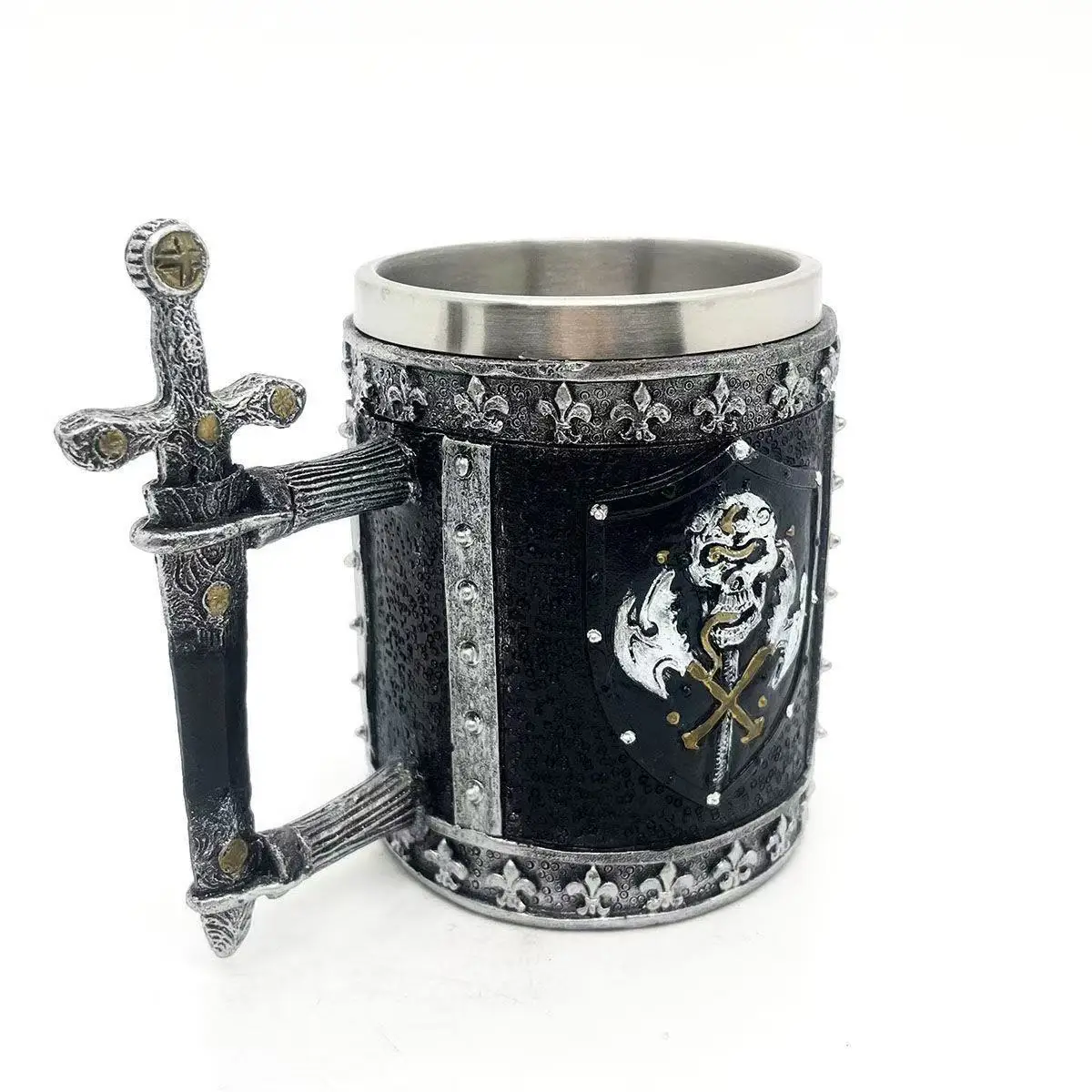 Medieval Knight Skull Beer Mug 3D Sword Handle Resin Stainless Steel Tankard Gothic Coffee Cup for Bar Pub Party Halloween Gift