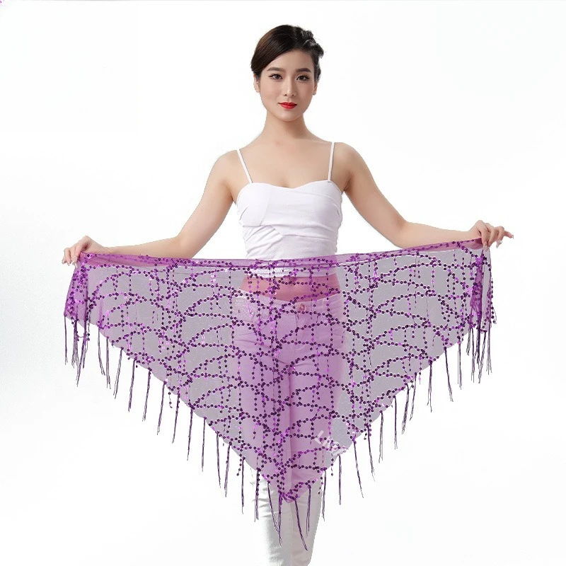 Sciarpa triangolare con nappe e paillettes di danza del ventre, pratica sciarpa in vita con catena in vita, costume da spettacolo di danza indiana