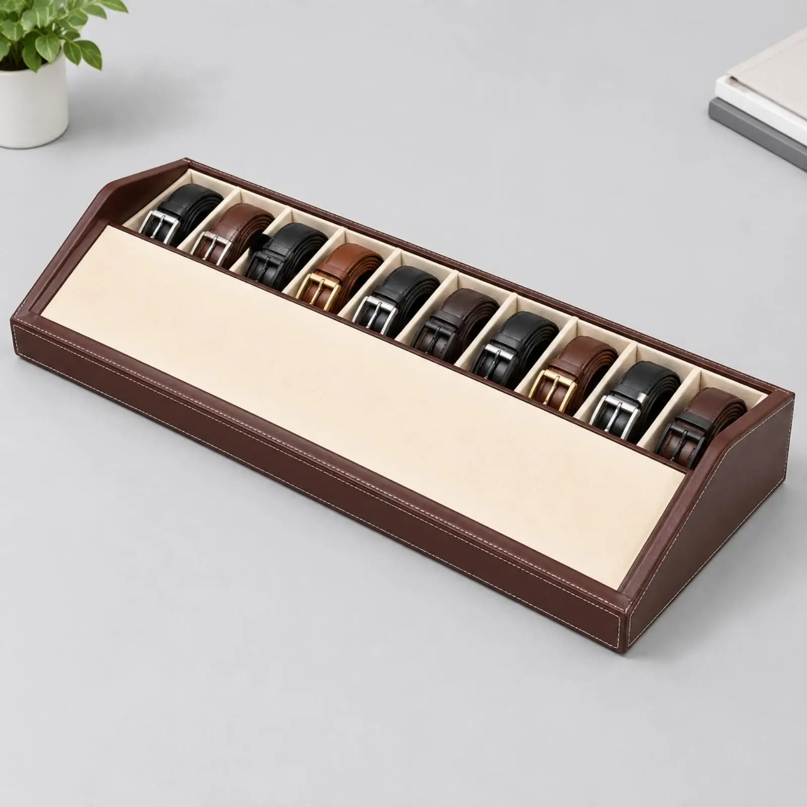 PU Leather Belt Display Rack Organizer Box with Sloped Tray for Drawer Storage and Boutique Shelf Showcase