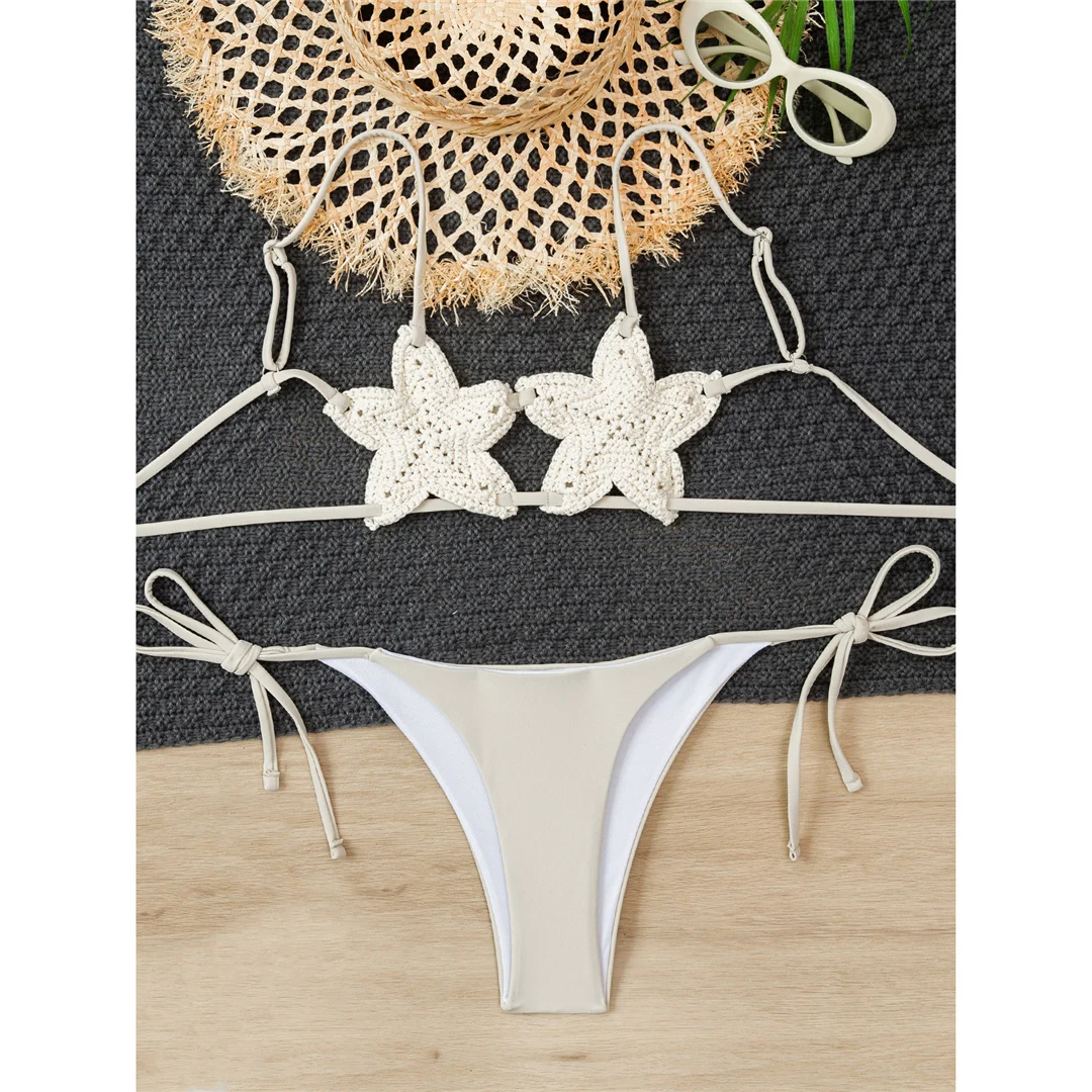 Neuer, verführerischer, gehäkelter, gestrickter Bikini mit Sternenmuster, Damen-Badeanzug, zweiteiliges Bikini-Set, Badebekleidung mit Trägern, Badeanzug, Modell V7750. – Detail 4
