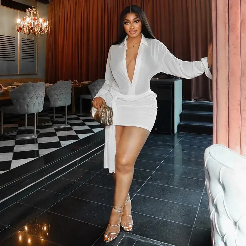 

Women's Turn-Down Collar Buttons Deep V-Neck Long Sleeve Bandage Pleated Hips Wrapped Mini Dress, Solid Color