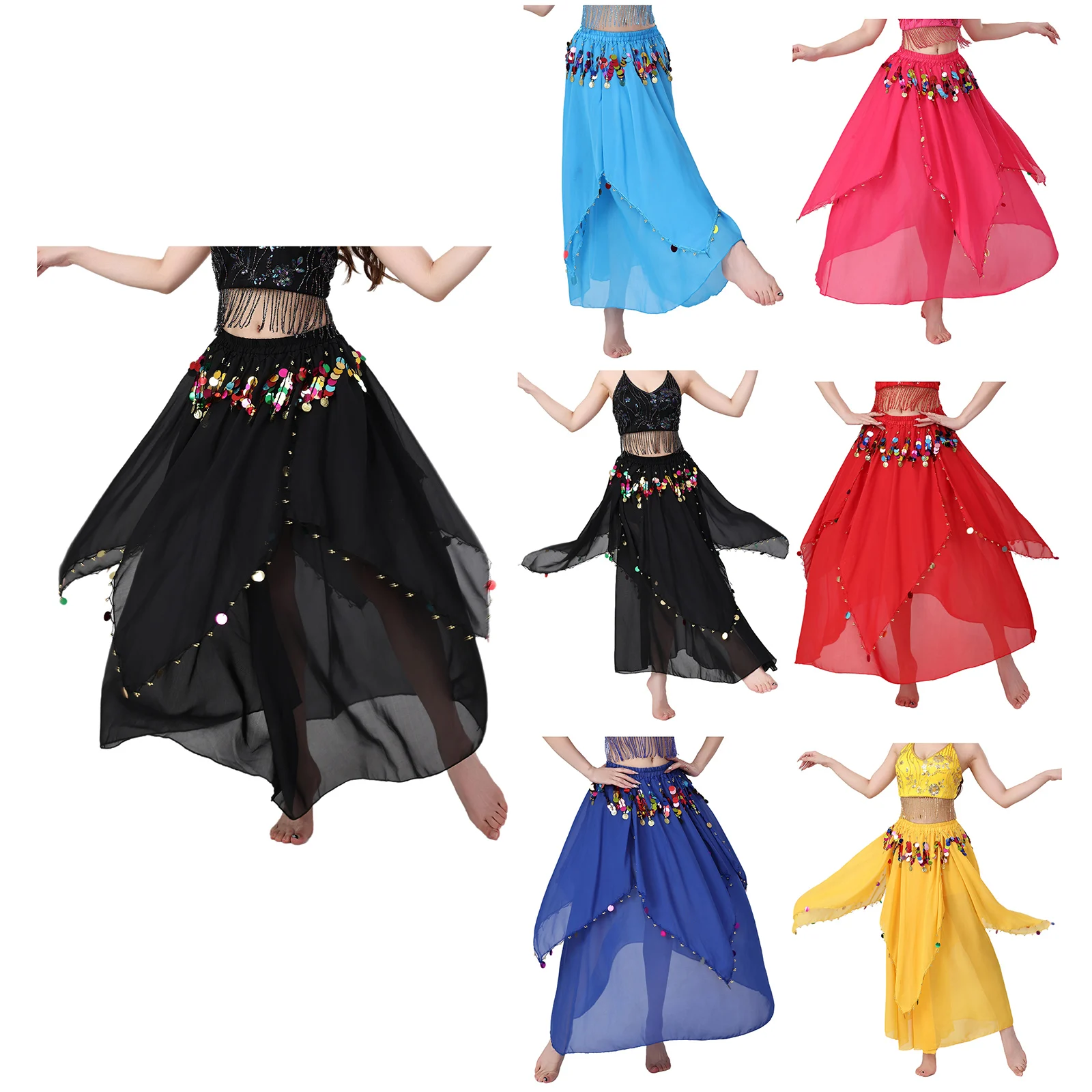 Vrouwen Lyrische Buikdans Prestaties Chiffon Rok Glittery Pailletten Kwastje Rok Danskleding voor India Folk Buikdanskostuums