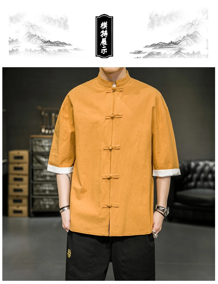 Japanisches Hemd für Herren, Sommer, chinesischer Stehkragen, Yukata-Kimono, Samurai-Kleidung, Farbblock-T-Shirt, Hanbok-Freizeitmantel – Detail 13